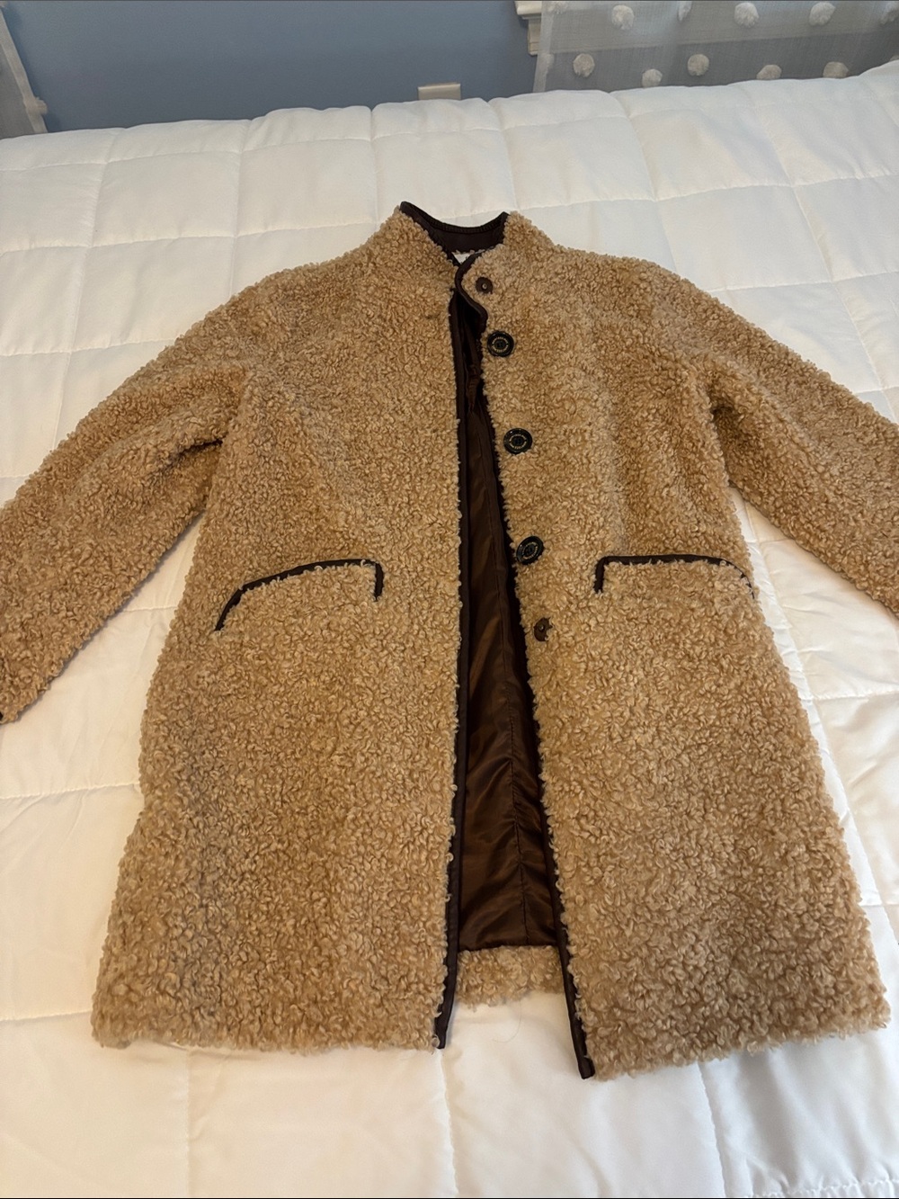 Sam Edelman Camel Teddy Sherpa Coat with Dark Trim